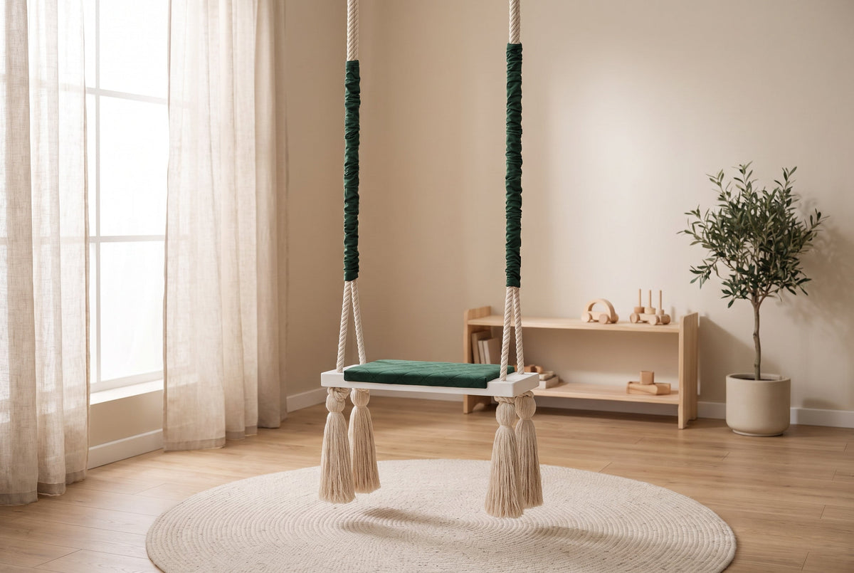 Wooden Board Velvet Indoor Swing - Green in a bright children's room