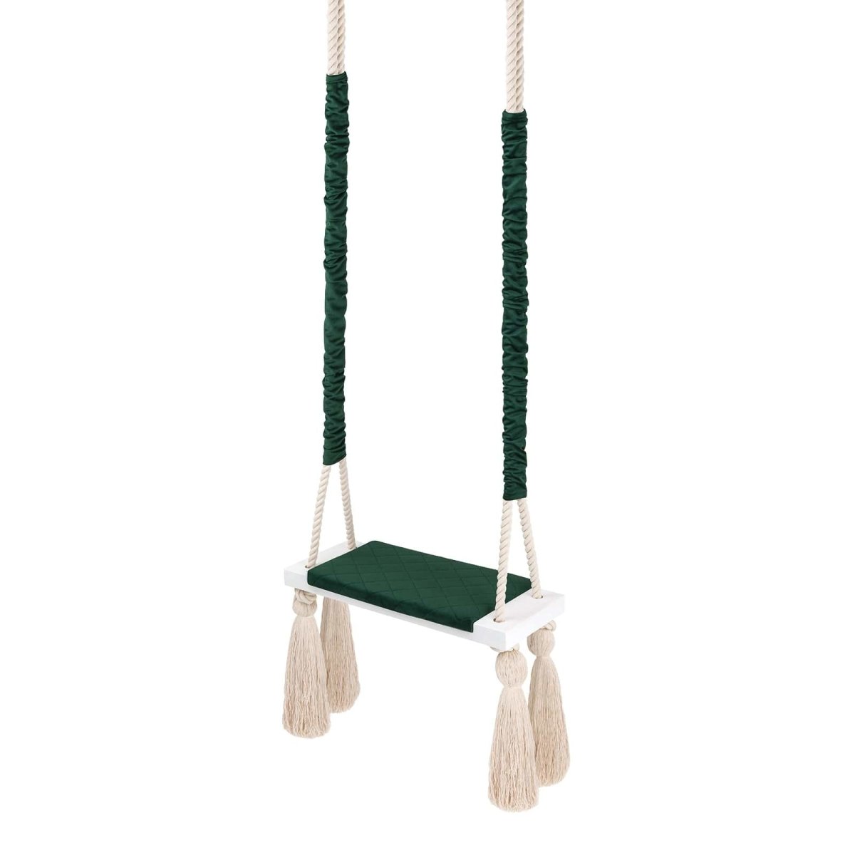 Wooden Board Velvet Indoor Swing - Green, full view: fabric-covered ropes and tassels