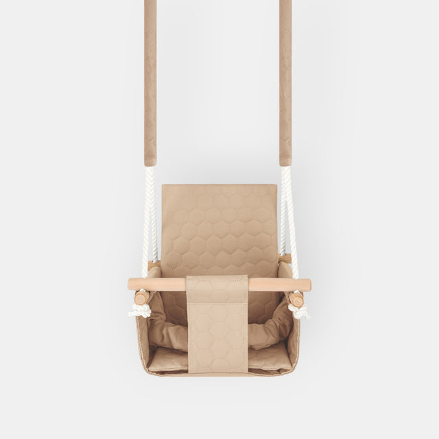 Waterproof secure baby swing Beige, front view on a light grey background