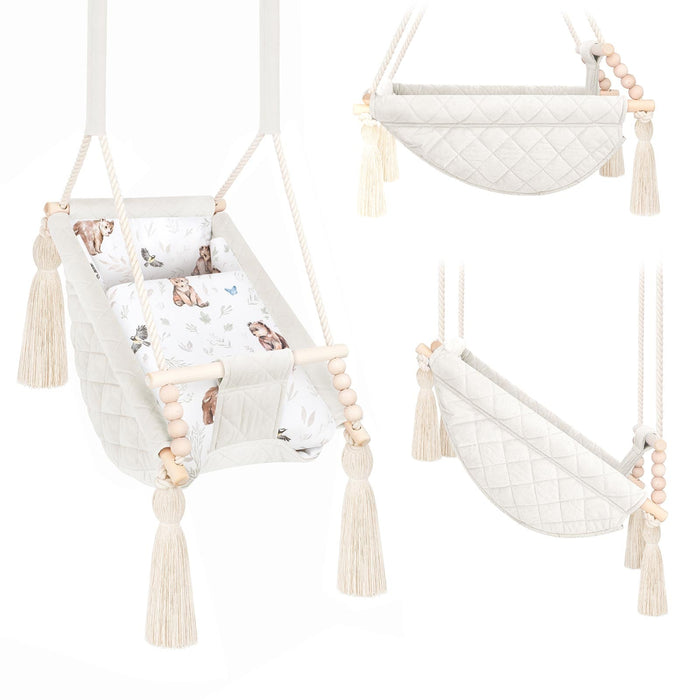 Baby Hammock Beige, in velvet, three views with and without the cotton insert