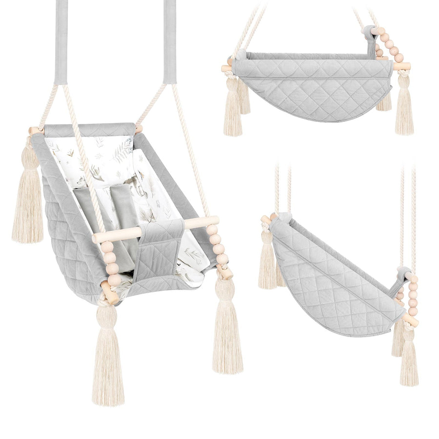 Baby Hammock Light Grey, in velvet, three views with and without the cotton insert