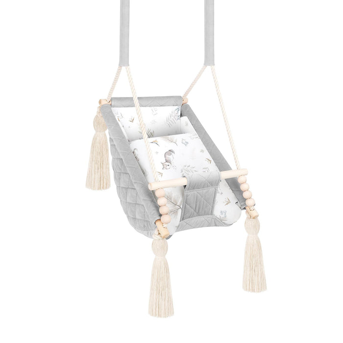 Baby Hammock Light Grey, in velvet with a cotton insert with wolf print, quilted velvet and wooden beads