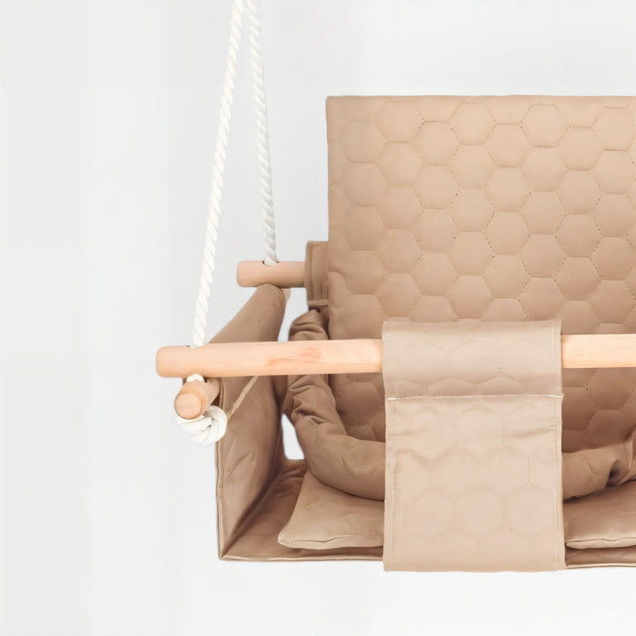 Baby twins swing - Waterproof and Secure Beige Double Seat, detail of the wood and ropes