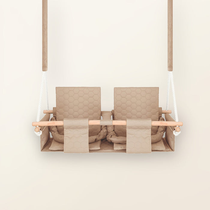 Baby twins swing - Waterproof and Secure Beige Double Seat, front view with double seat, white ropes and wooden bar