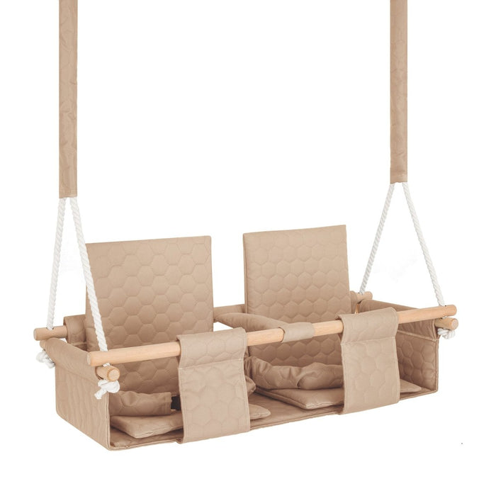 Baby twins swing - Waterproof and Secure Beige Double Seat, three-quarter view with double seat and wooden bar