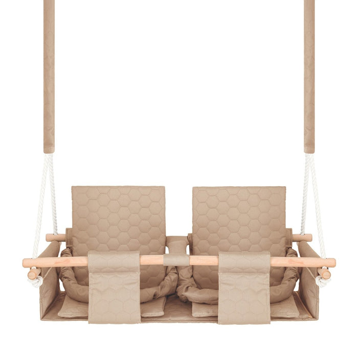 Baby twins swing - Waterproof and Secure Beige Double Seat, front view with double seat and padded backrests