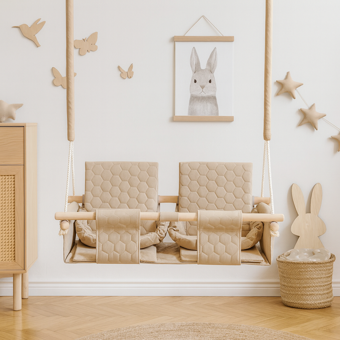 Baby twins swing - Waterproof and Secure Beige Double Seat, hanging in a children's room