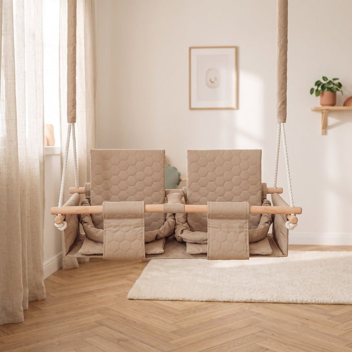 Baby twins swing - Waterproof and Secure Beige Double Seat, in a bright Scandinavian-style children's room