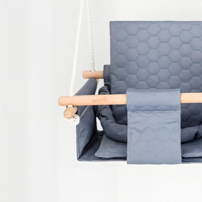 Baby twins swing - Waterproof and Secure Grey Double Seat, detail of the wood and ropes