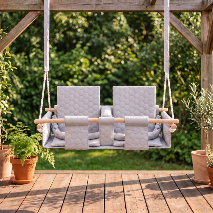 Baby twins swing - Waterproof and Secure Grey Double Seat, outdoors on a patio