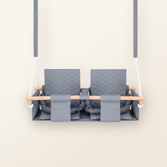 Baby twins swing - Waterproof and Secure Grey Double Seat, front view with double seat, white ropes and wooden bar