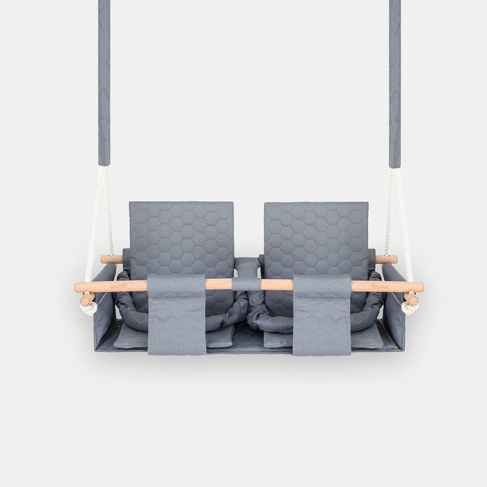Baby twins swing - Waterproof and Secure Grey Double Seat, front view on a light background