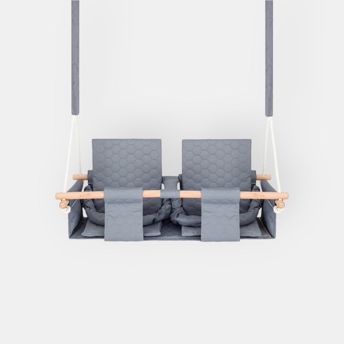 Baby twins swing - Waterproof and Secure Grey Double Seat, front view on a white background with two quilted seats
