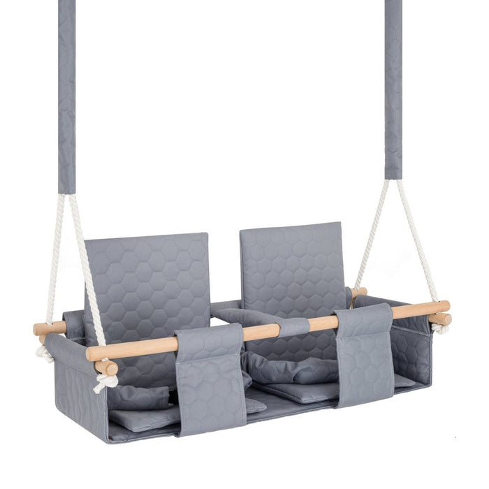 Baby twins swing - Waterproof and Secure Grey Double Seat, three-quarter view with double seat and wooden bar