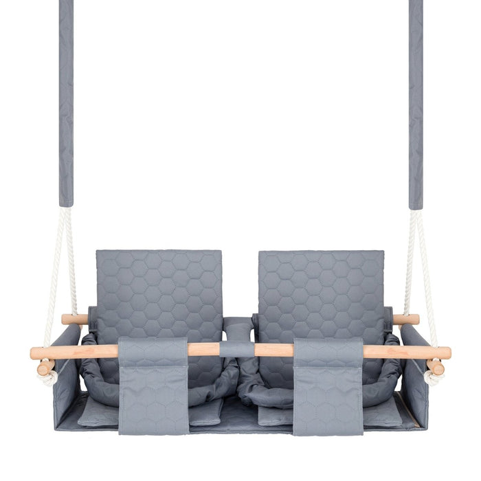 Baby twins swing - Waterproof and Secure Grey Double Seat, front view with double seat and padded backrests