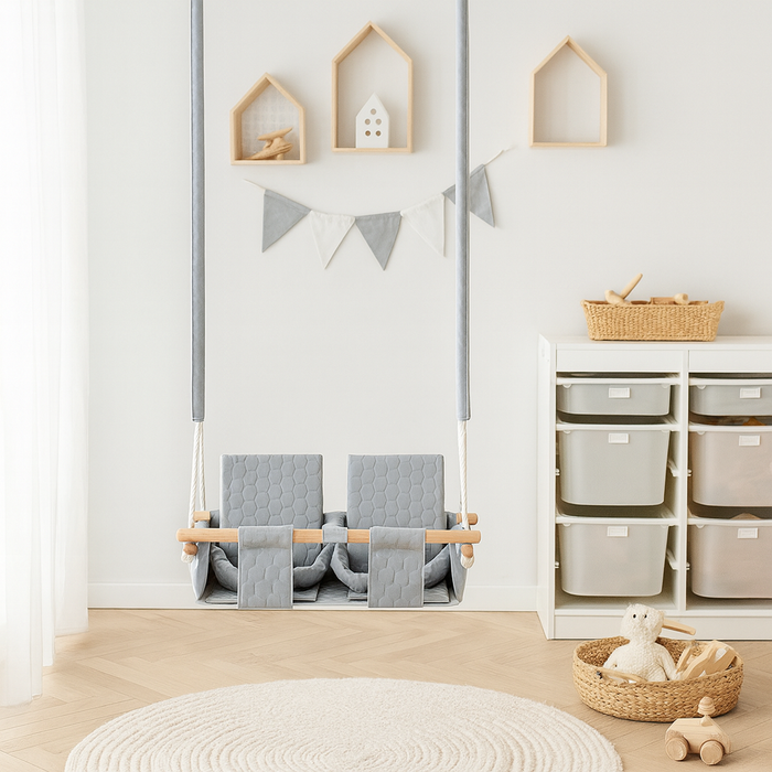Baby twins swing - Waterproof and Secure Grey Double Seat, used indoors, in a bright children's room