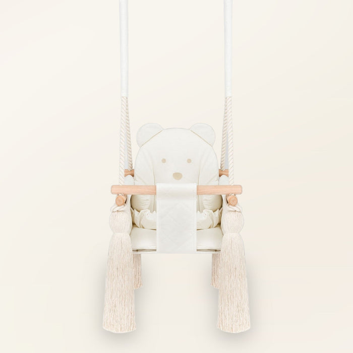 Indoor Swing For Toddler and Baby Beige, velvet baby swing, front view with bear-shaped backrest