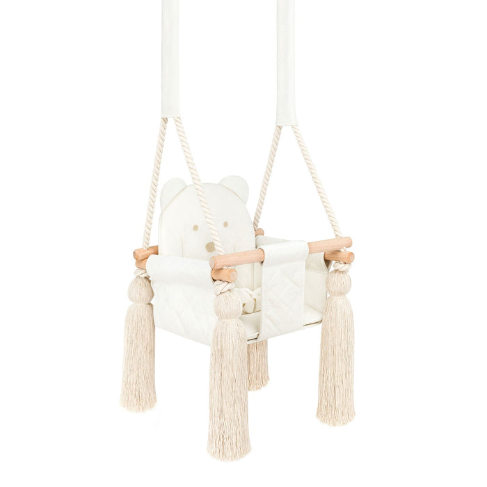 Indoor Swing For Toddler and Baby Beige, three-quarter view with tassels, wooden beads and ropes