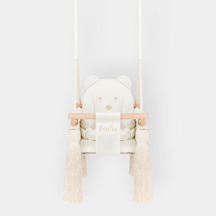 Indoor Swing For Toddler and Baby Beige, with optional name embroidery on the safety strap