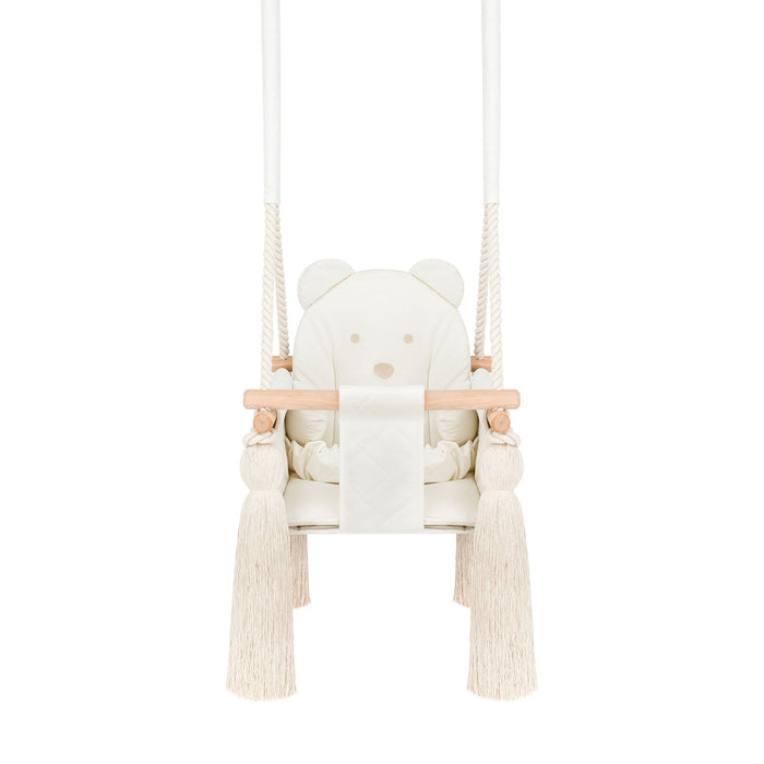 Indoor Swing For Toddler and Baby Beige, full view with bear ears on the backrest