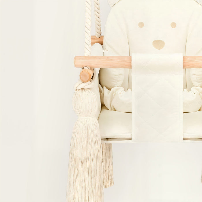 Indoor Swing For Toddler and Baby Beige, detail of the wood, cotton ropes and tassels