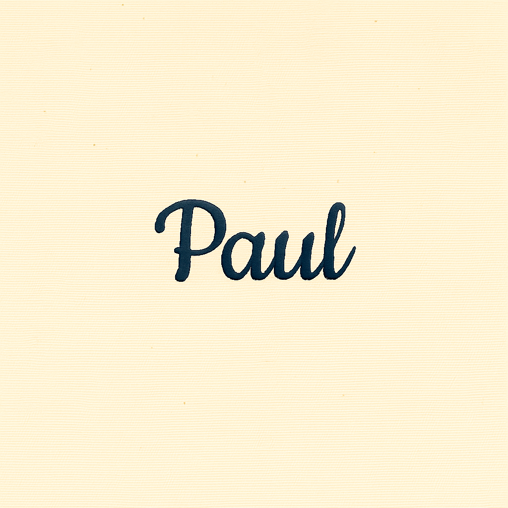 Name embroidery example, Paul in navy thread on cream fabric
