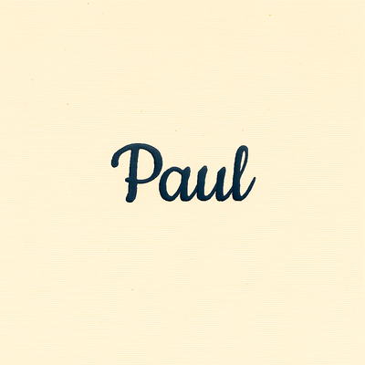 Name embroidery example, Paul in navy thread on cream fabric