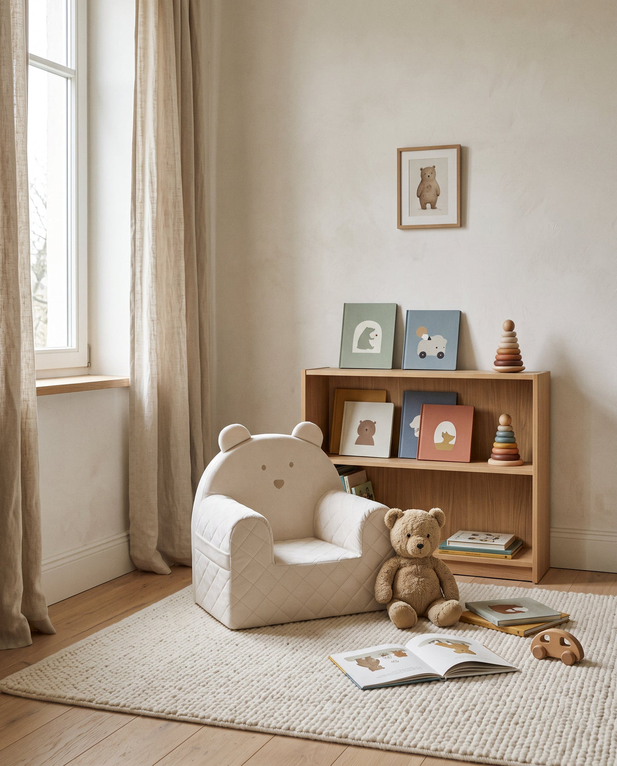 Bear shaped velvet kids armchair in beige on a wool rug in a children's room