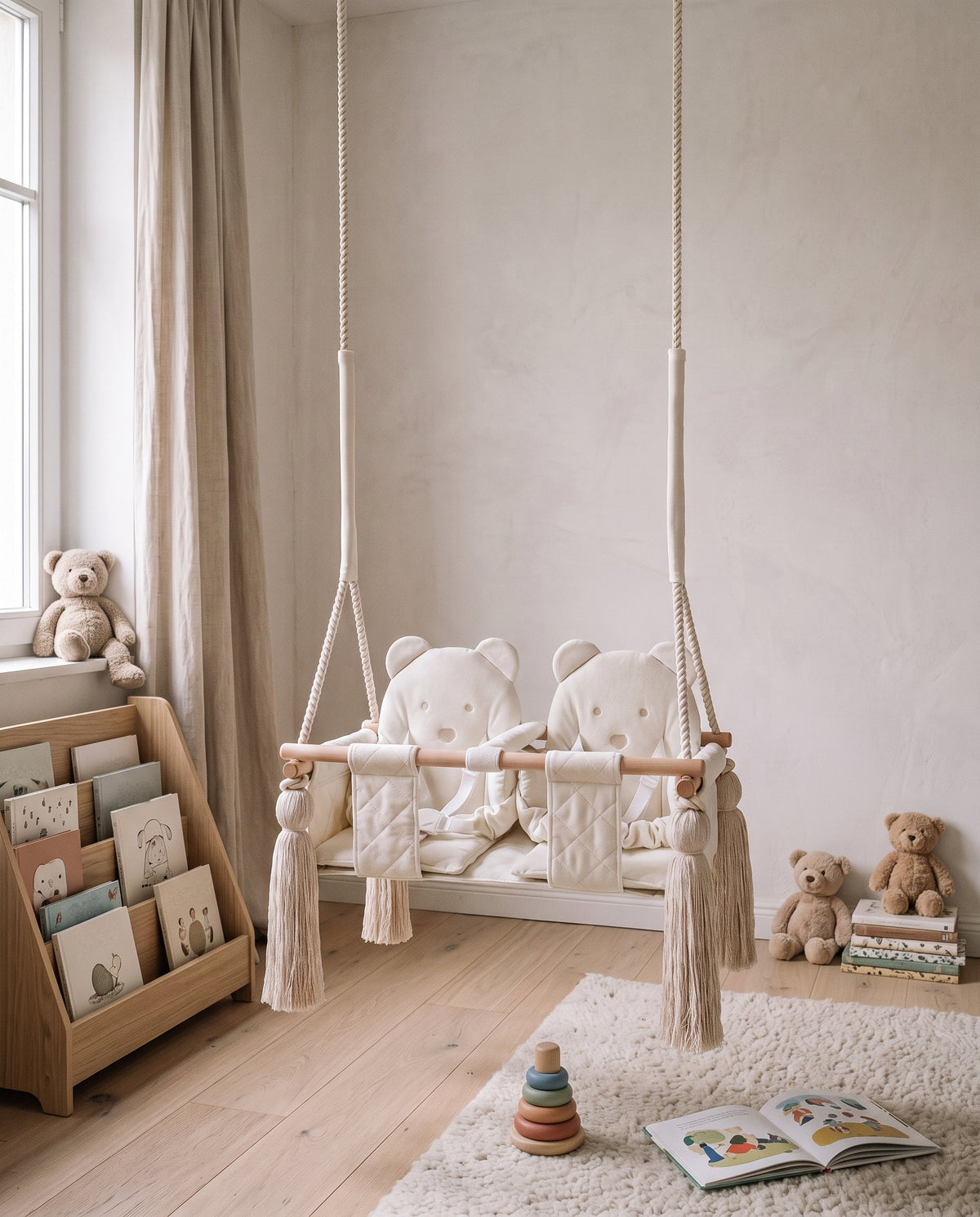 Velvet twin swing with two bear seats in beige in a children's room