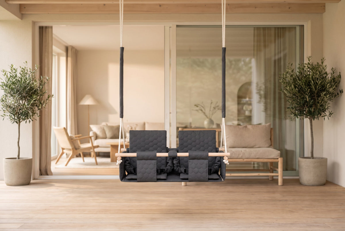 Baby twins swing - Waterproof and Secure Dark Grey Double Seat on a covered patio
