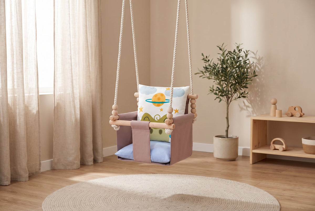 Safari Collection Crocodile Indoor Baby Swing - Handcrafted Developmental Swing in a bright children's room