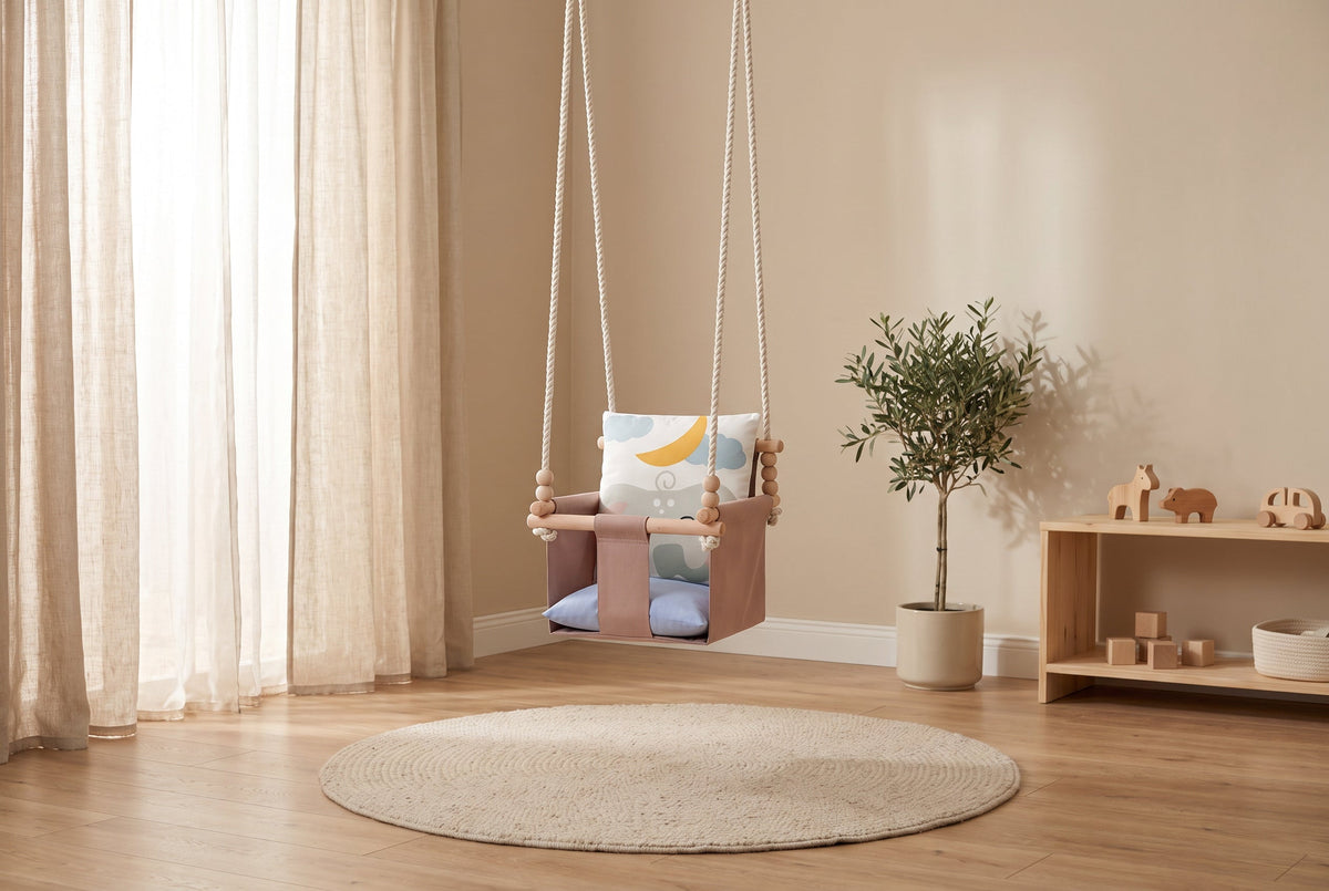 Safari Collection Elephant Indoor Baby Swing - Handcrafted Developmental Swing in a bright children's room