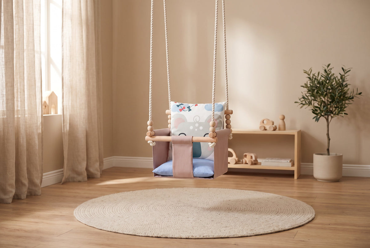 Safari Collection Koala Indoor Baby Swing - Handcrafted Developmental Swing in a bright children's room