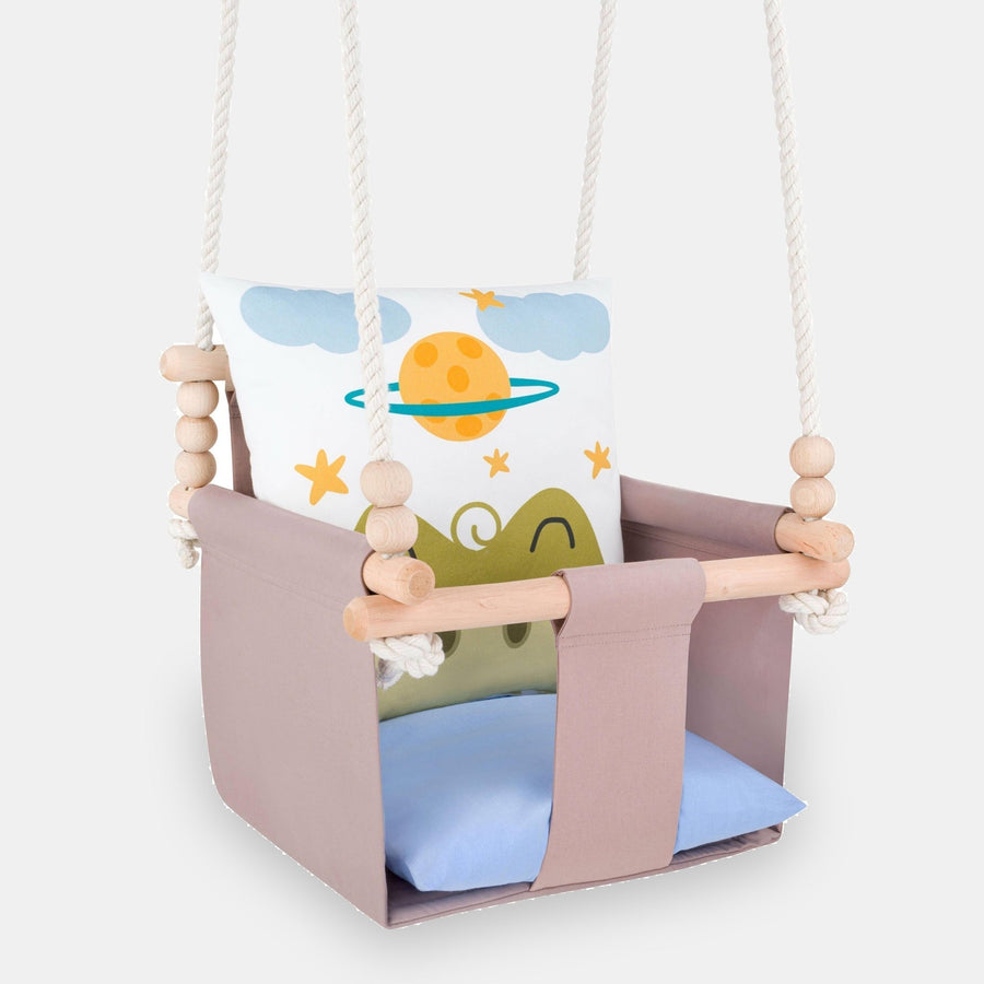 Safari Collection Crocodile Indoor Baby Swing, front view on a light background