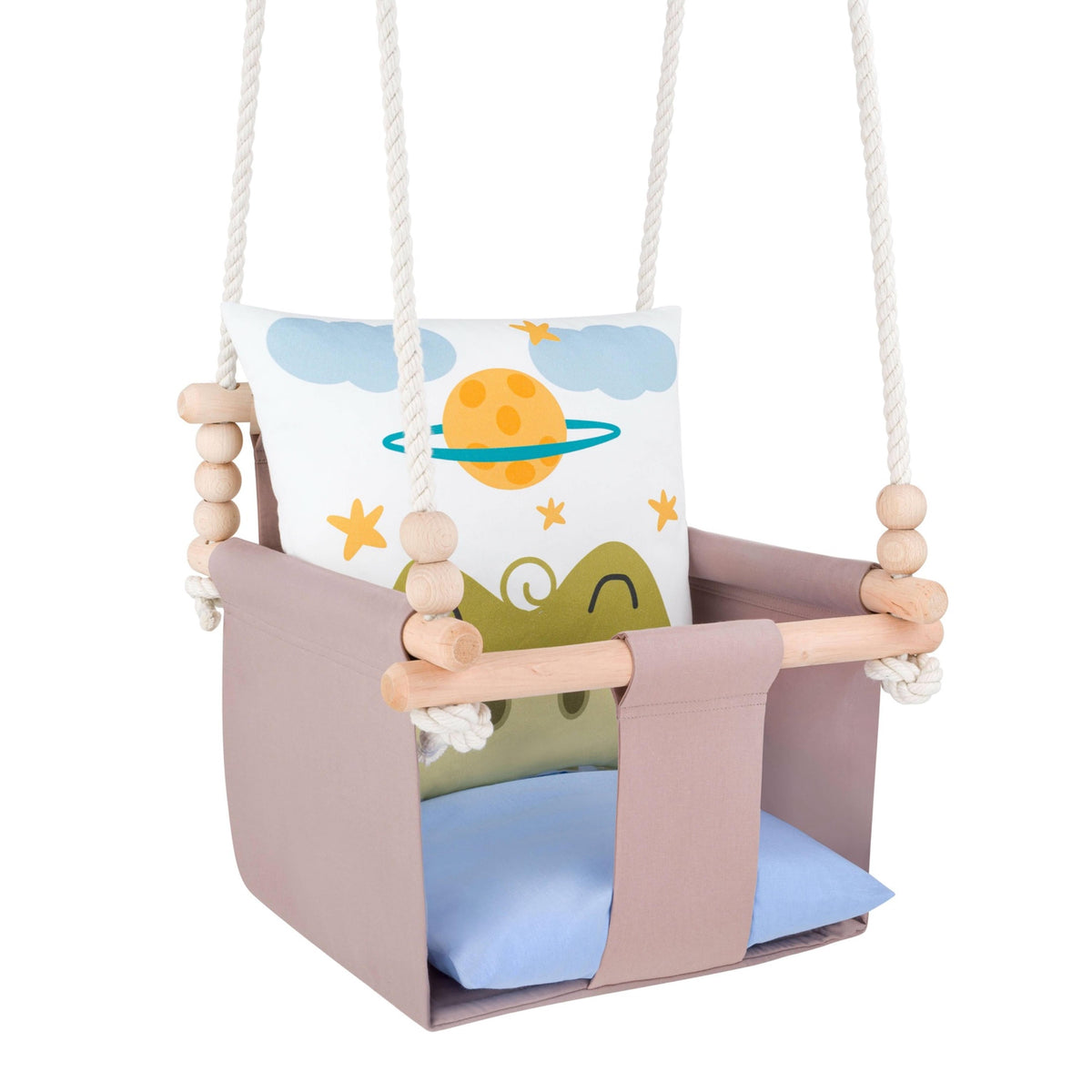 Safari Collection Crocodile Indoor Baby Swing, full view with ropes and wooden beads
