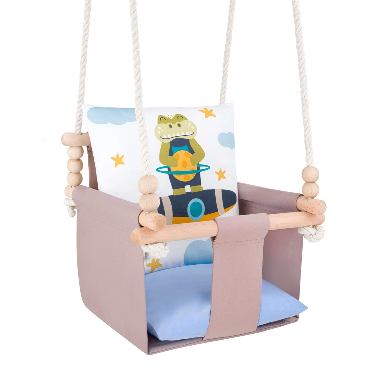 Safari Collection Crocodile Indoor Baby Swing, reversible cushion with moon and cloud print, three-quarter view