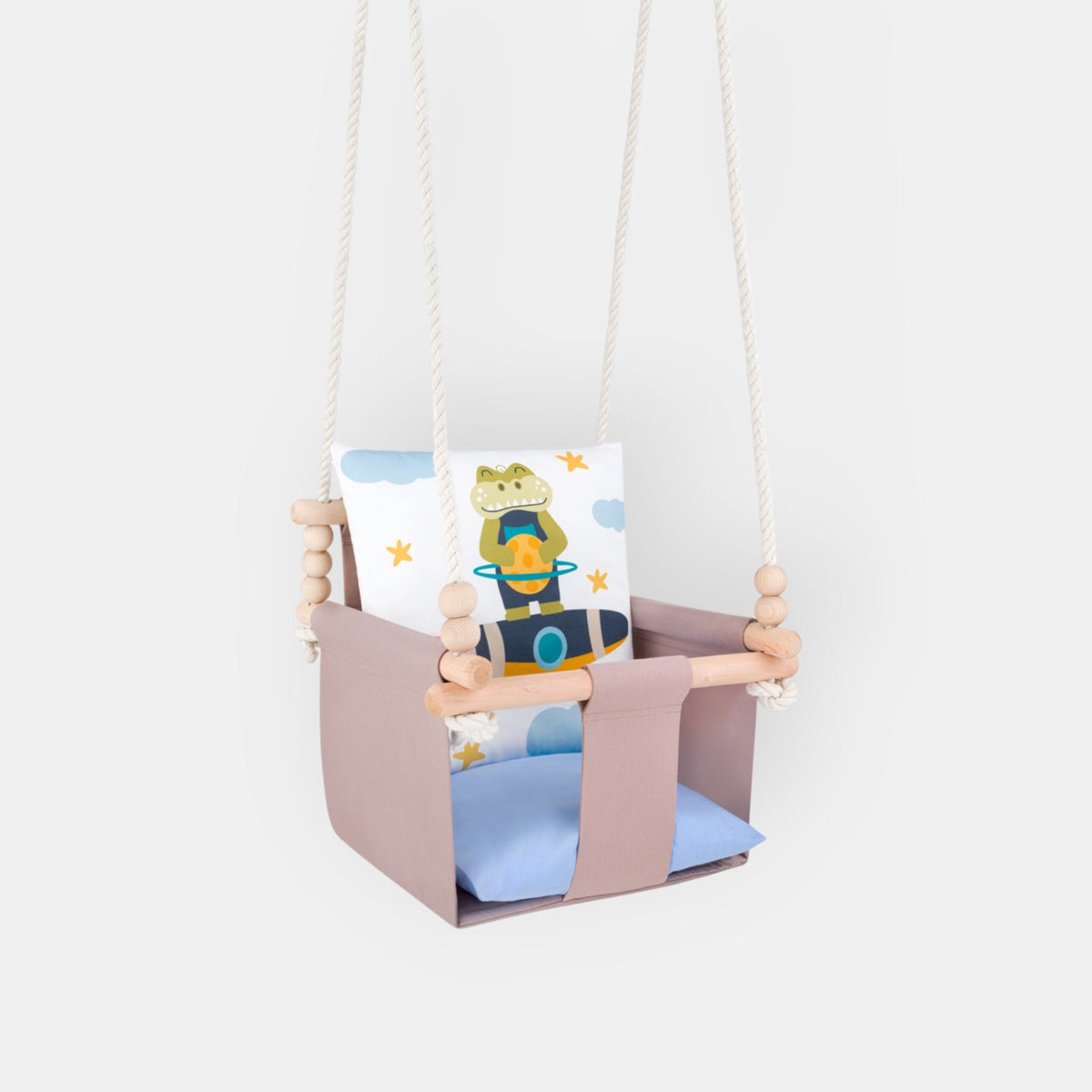 Safari Collection Crocodile Indoor Baby Swing, front view with bar and wooden beads