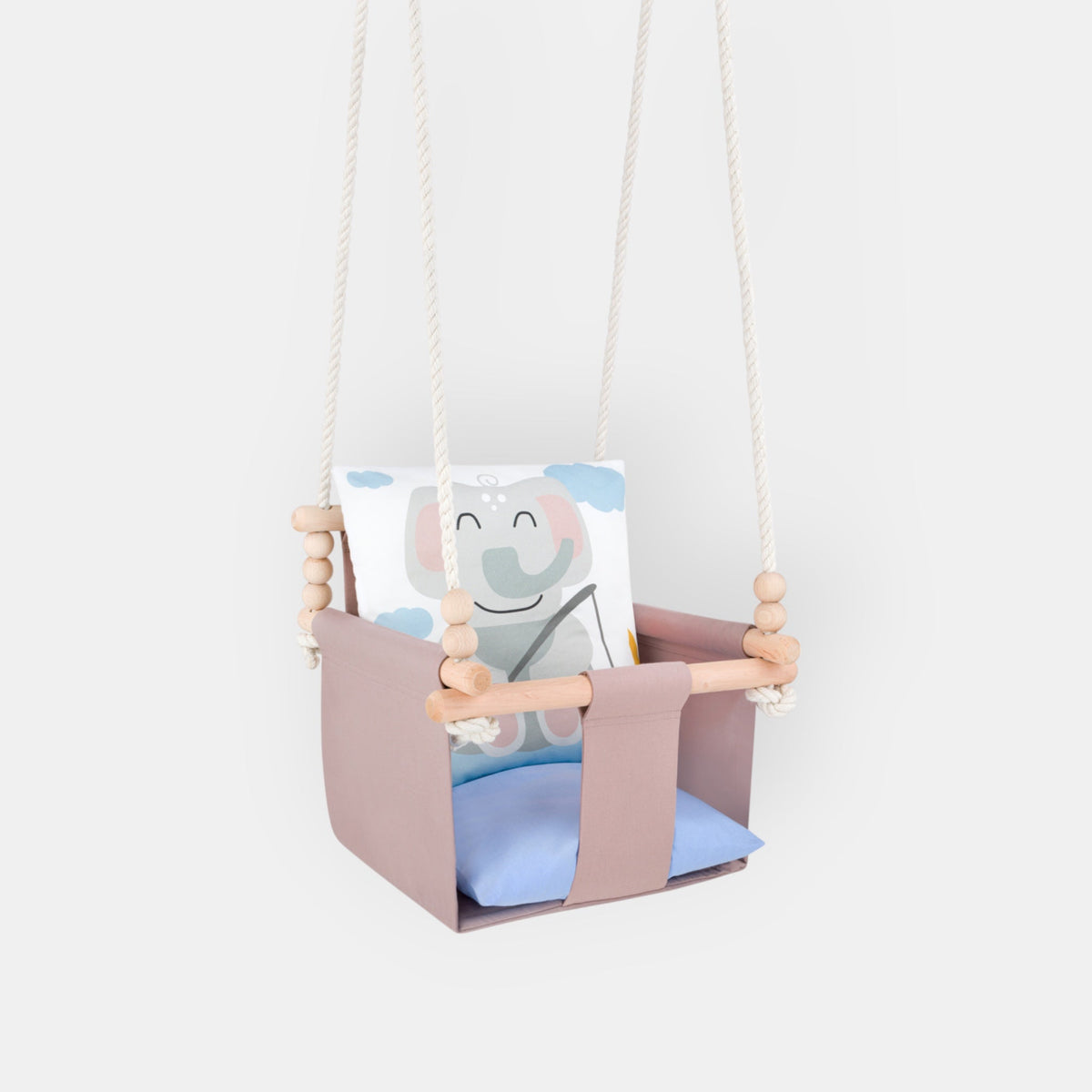 Safari Collection Elephant Indoor Baby Swing, front view with bar and wooden beads