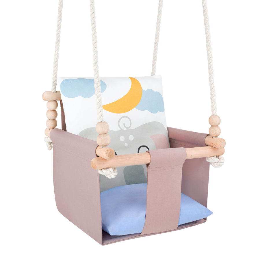 Safari Collection Elephant Indoor Baby Swing, reversible cushion with moon and cloud print