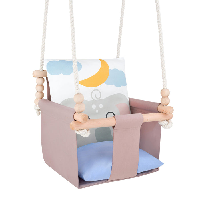 Safari Collection Elephant Indoor Baby Swing, reversible cushion with moon and cloud print