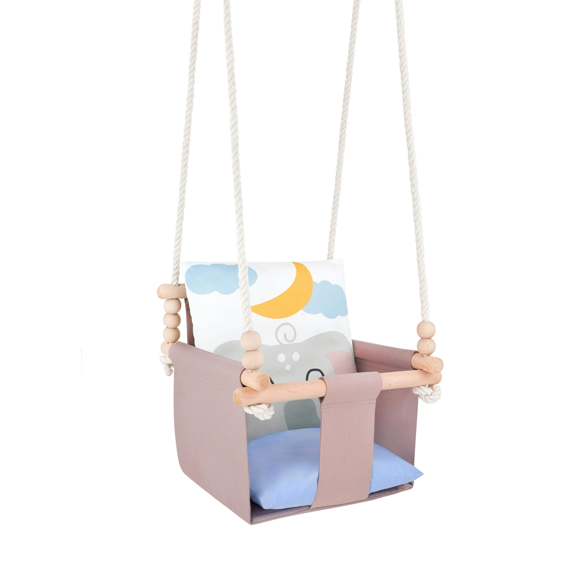 Safari Collection Elephant Indoor Baby Swing, reversible cushion with moon and cloud print, three-quarter view