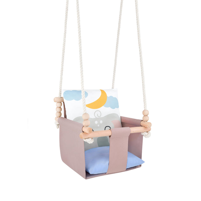Safari Collection Elephant Indoor Baby Swing, reversible cushion with moon and cloud print, three-quarter view
