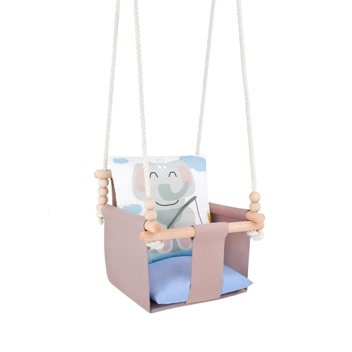 Safari Collection Elephant Indoor Baby Swing, full view with ropes and wooden beads