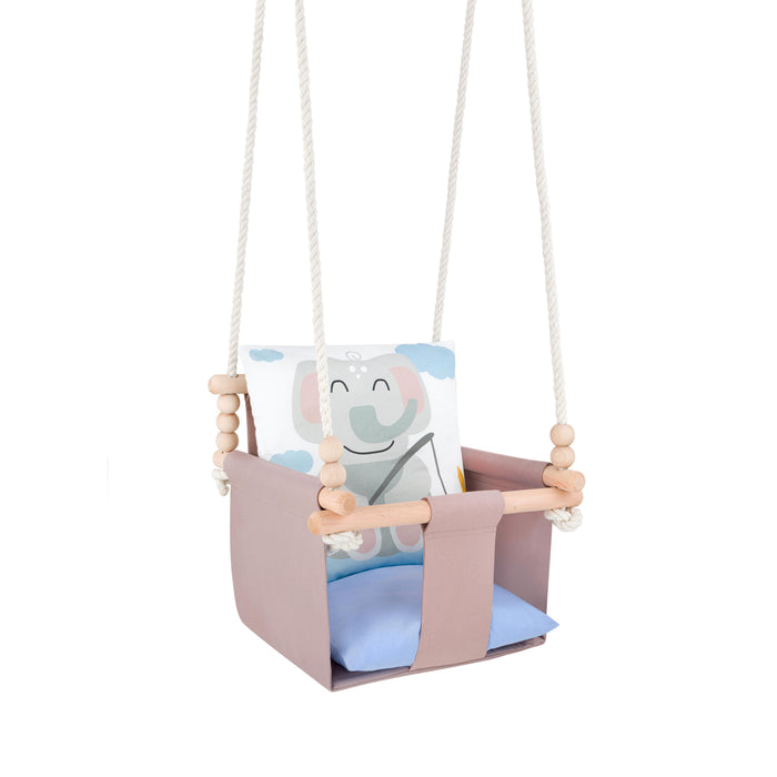 Safari Collection Elephant Indoor Baby Swing, full view with ropes and wooden beads