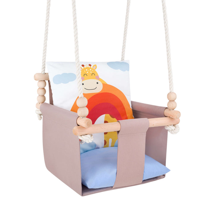 Safari Collection Giraffe Indoor Baby Swing, reversible cushion with moon and cloud print