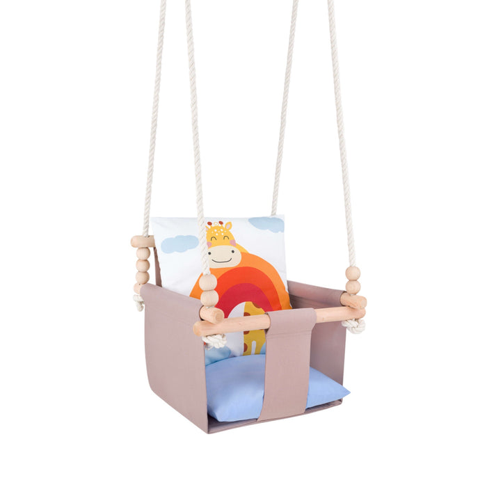 Safari Collection Giraffe Indoor Baby Swing, reversible cushion with moon and cloud print, three-quarter view