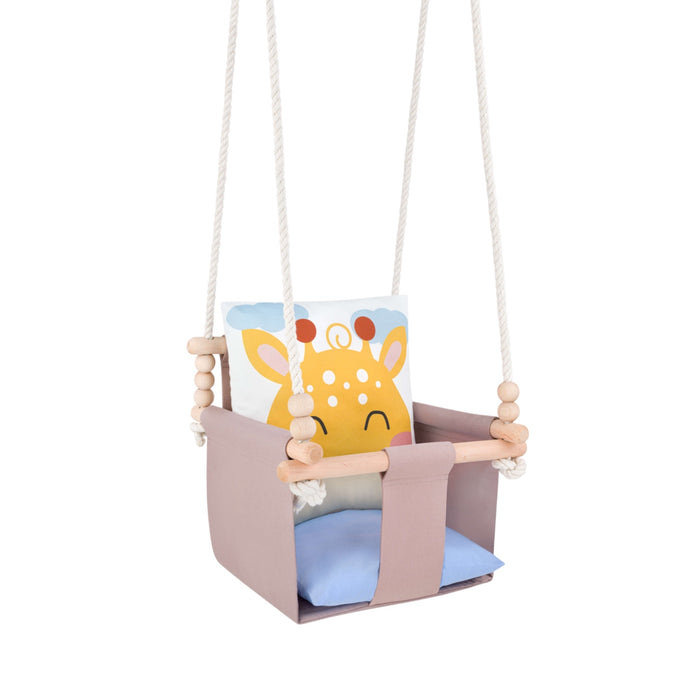 Safari Collection Giraffe Indoor Baby Swing, full view with ropes and wooden beads