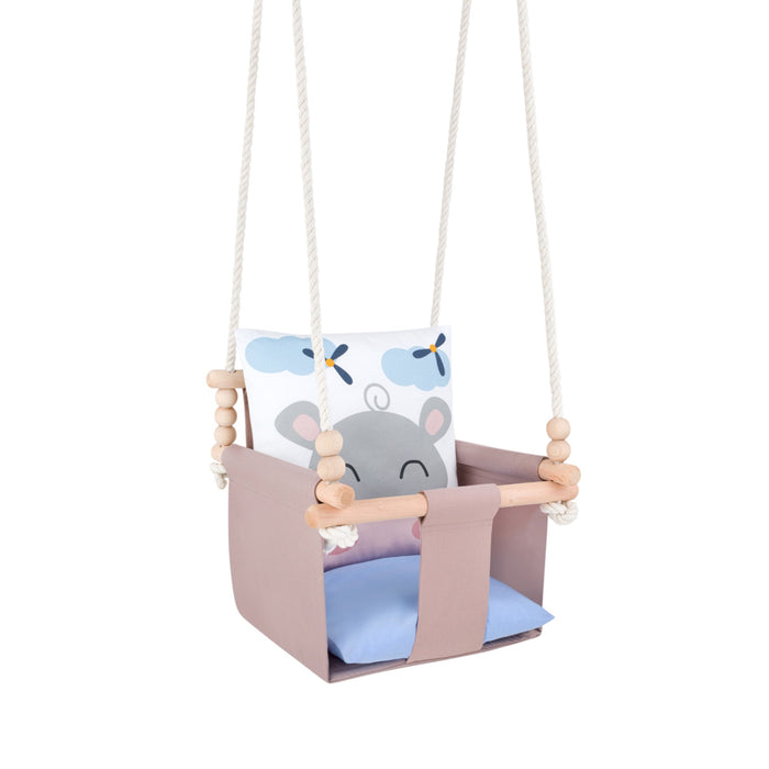 Safari Collection Hippo Indoor Baby Swing, reversible cushion with moon and cloud print, three-quarter view