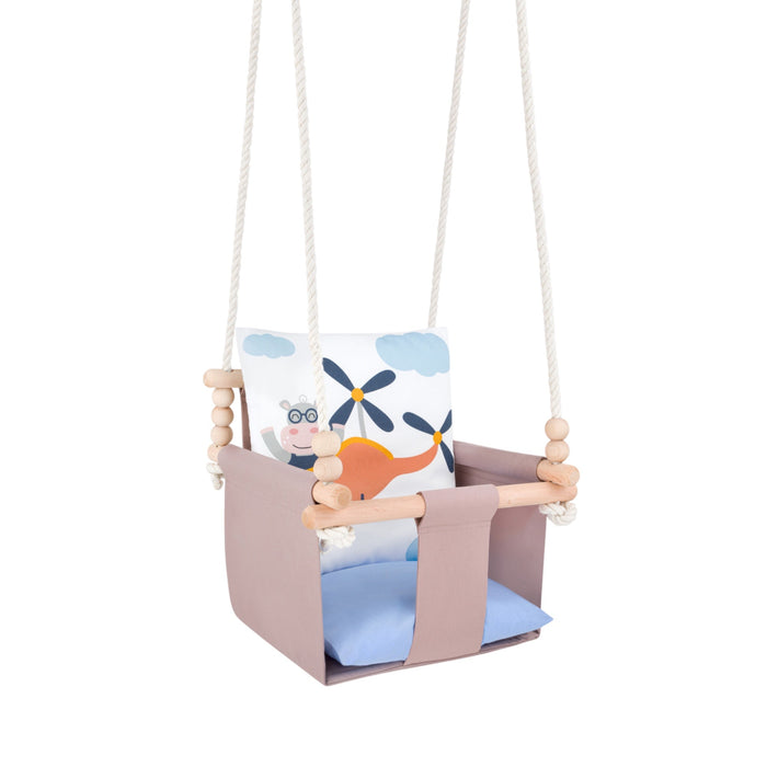 Safari Collection Hippo Indoor Baby Swing, full view with ropes and wooden beads