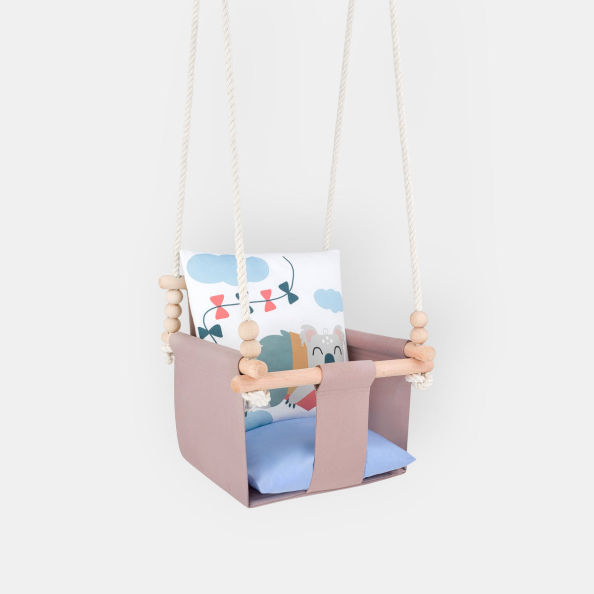 Safari Collection Koala Indoor Baby Swing, front view with bar and wooden beads